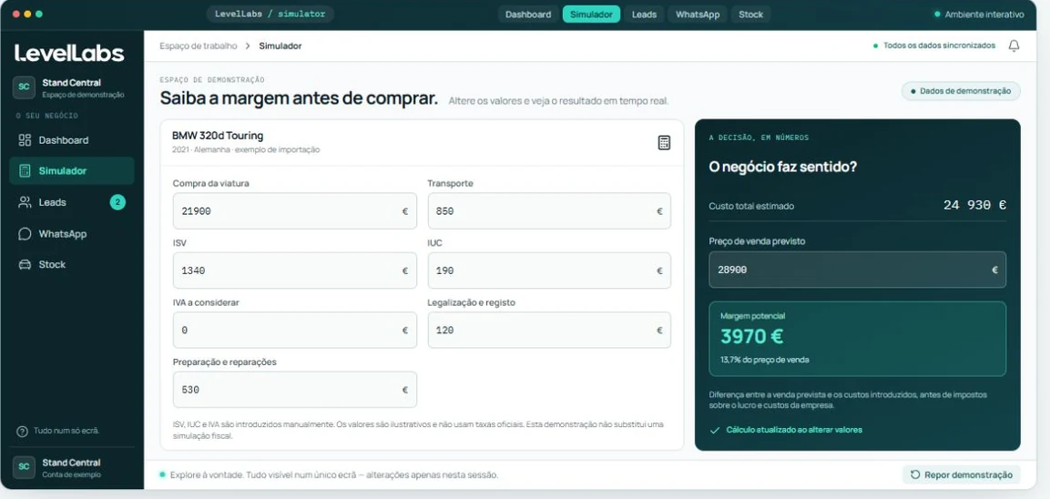 Simulador de importação e margem prevista na LevelLabs: vista ilustrativa com dados fictícios